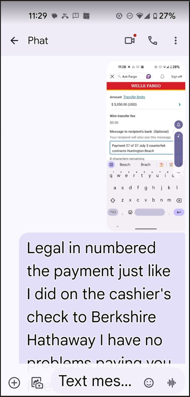 Tenant message verifying numbered payment record